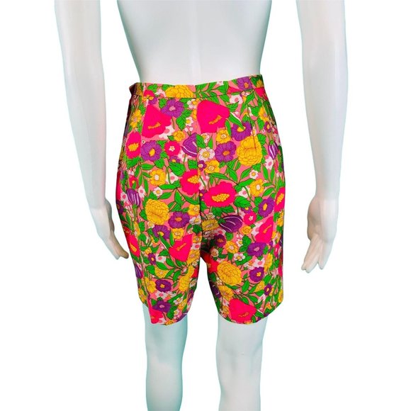 Vintage 1960s Neon Deadstock Pink Floral Print High Waist Shorts | W 25 - Picture 10 of 10